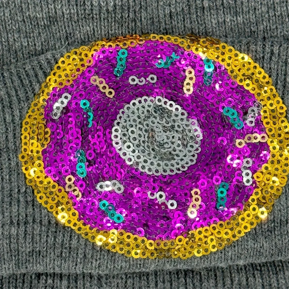 TALLY WEIJL | Sequin Donut Patch Jewel Tone Comical Cap Marled Knit Hat Beanie